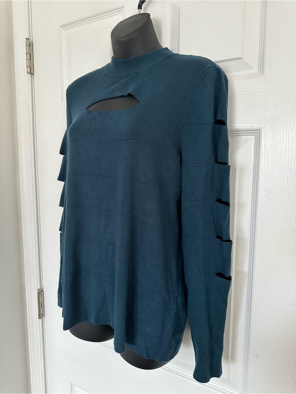Jennifer Lopez Teal Cutout Crewneck Sweater